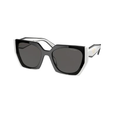 Occhiali da sole Prada PR 15WS 09Q5S0, montatura nero / bianco talco e lenti grigio scuro, vista a tre quarti