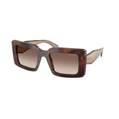 Occhiali da sole Prada PR D01S 00K10S, montatura caramello tartarugato e lenti marrone sfumato, vista a tre quarti