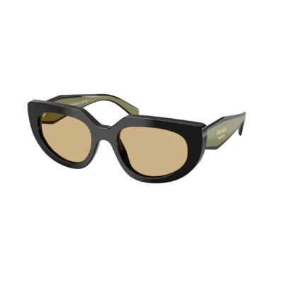 Occhiali da sole Prada PR D02S 03K10R, montatura nero con aste a contrasto e lenti giallo, vista a tre quarti