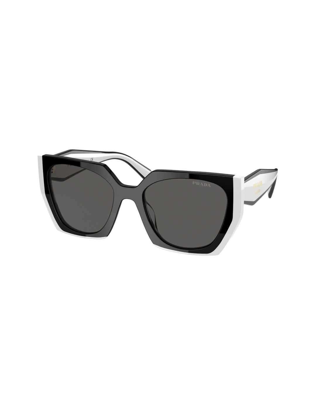 Occhiali da sole Prada PR 15WS 09Q5S0, montatura nero / bianco talco e lenti grigio scuro, vista a tre quarti
