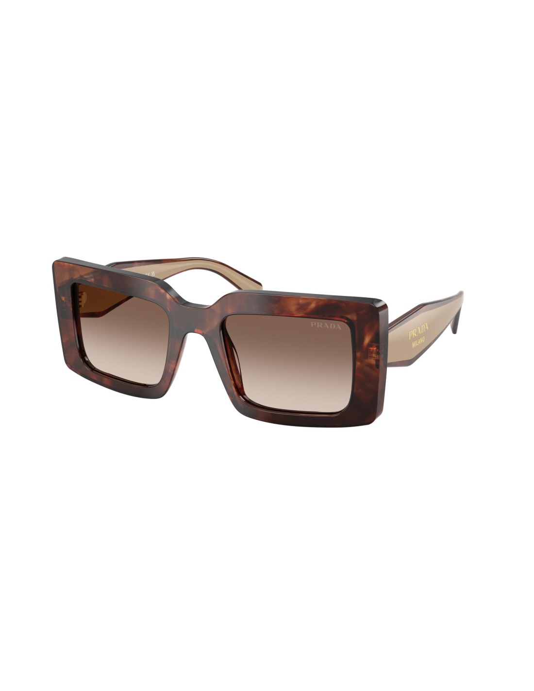 Occhiali da sole Prada PR D01S 00K10S, montatura caramello tartarugato e lenti marrone sfumato, vista a tre quarti