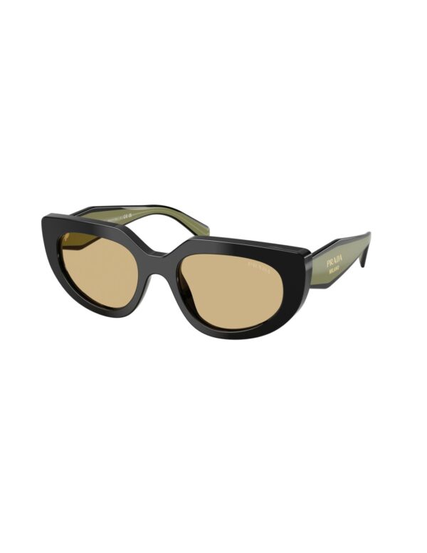 Occhiali da sole Prada PR D02S 03K10R, montatura nero con aste a contrasto e lenti giallo, vista a tre quarti