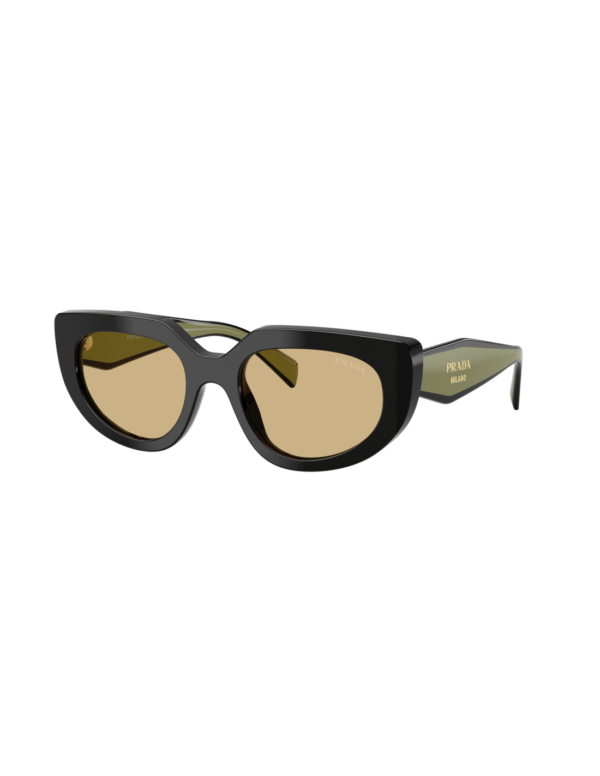 Occhiali da sole Prada PR D02S 03K10R, montatura nero con aste a contrasto e lenti giallo, foto di catalogo 3